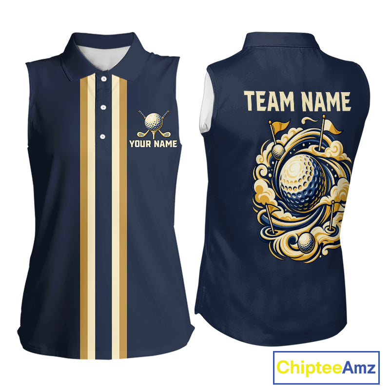 Personalized Women Sleeveless Golf Polo Shirt Retro Design Custom Name Team Golf Shirt, Golfing Gift| Navi NHT1553