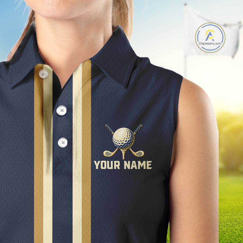 Personalized Women Sleeveless Golf Polo Shirt Retro Design Custom Name Team Golf Shirt, Golfing Gift| Navi NHT1553