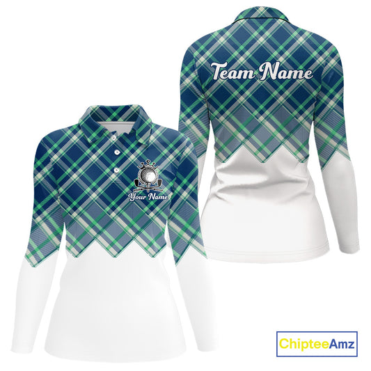 White Blue Argyle Pattern Womens Golf Shirt Golf & Custom Name Womens Golf Polo Shirt NHT558