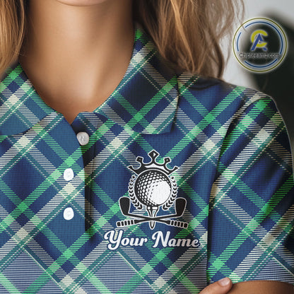 White Blue Argyle Pattern Womens Golf Shirt Golf & Custom Name Womens Golf Polo Shirt NHT558