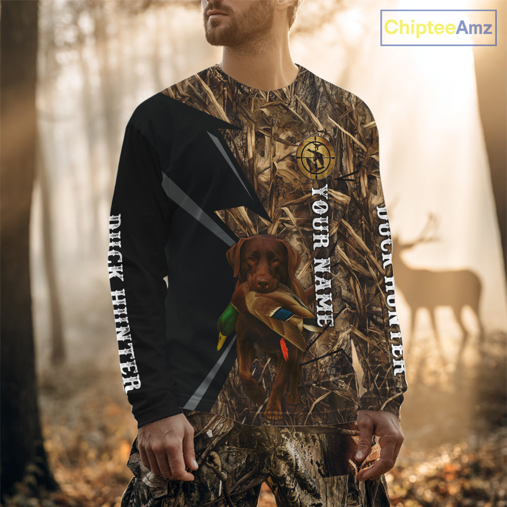 Duck Hunting Camo Shirt with Chocolate Lab – All Over Print, Perfect Gift for Waterfowl Hunters NHT243