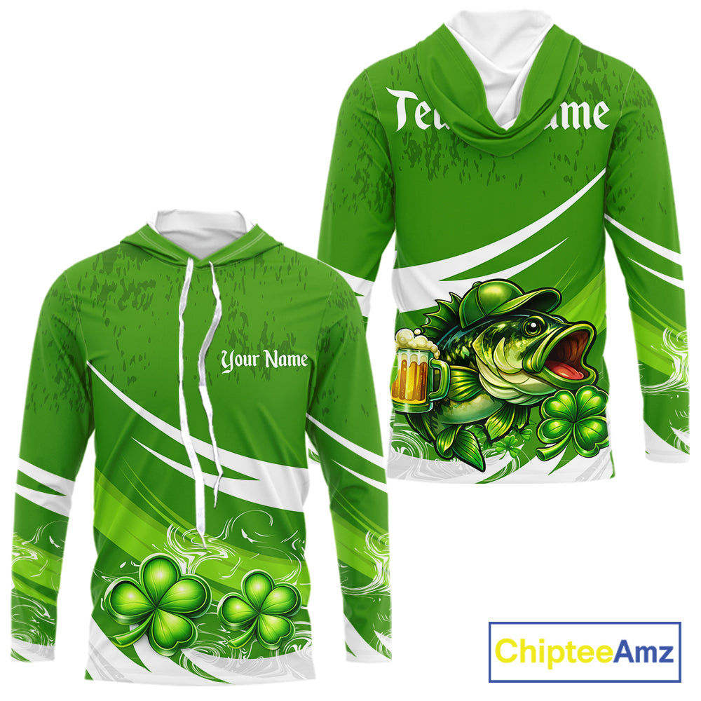 Custom St Patrick's Day Bass Long Sleeve Hooded Fishing Shirts, Bass Fishing Jerseys NHT422
