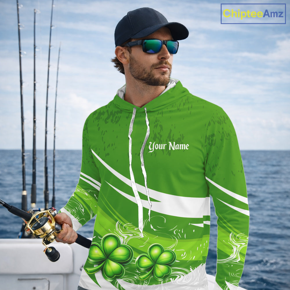Custom St Patrick's Day Bass Long Sleeve Hooded Fishing Shirts, Bass Fishing Jerseys NHT422