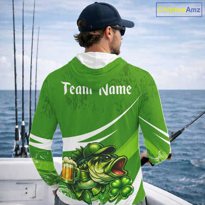 Custom St Patrick's Day Bass Long Sleeve Hooded Fishing Shirts, Bass Fishing Jerseys NHT422