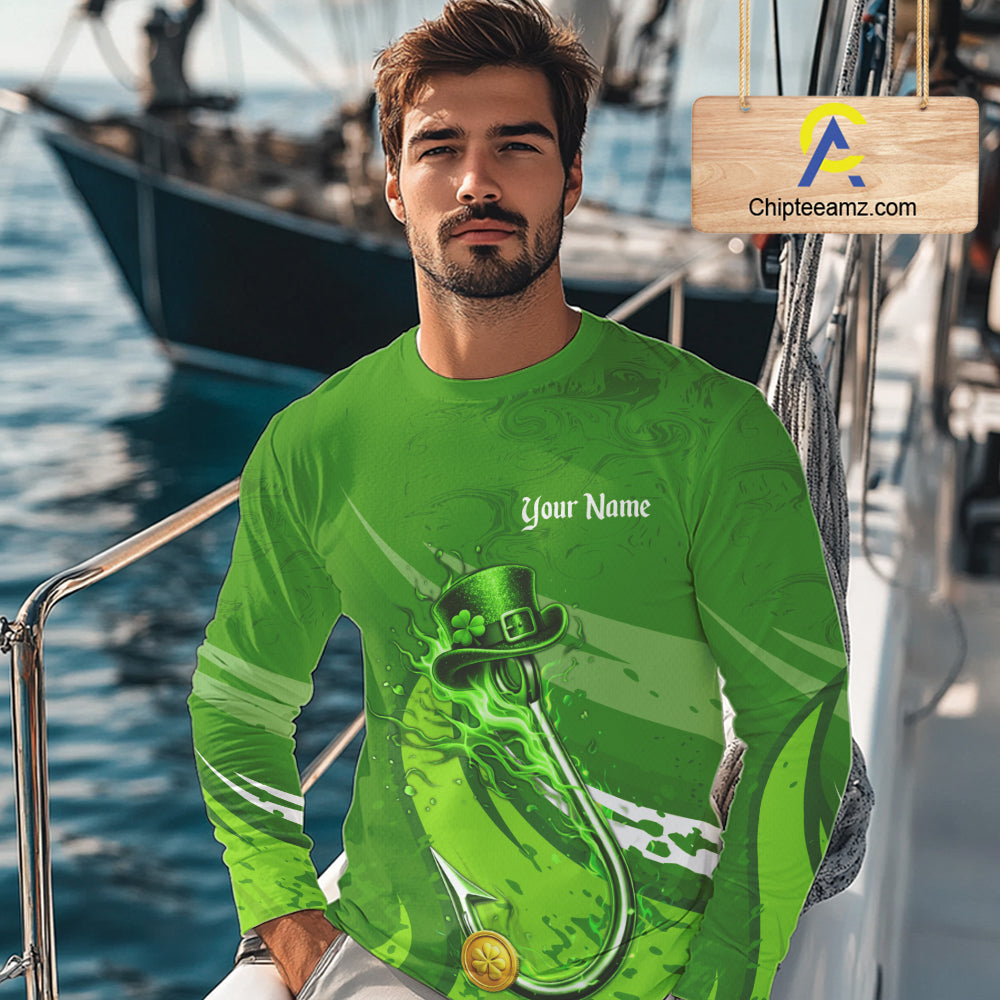 Custom Name St Patrick's Day Long Sleeve Fishing Shirts, St Patty's Day Hook Fishing Jerseys NHT425