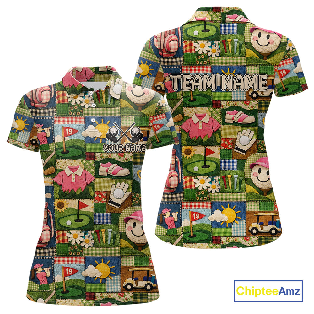 Funny Golf Patchwork Polo Shirt For Women, Personalized Womens Golf Polo Shirt, Vintage Quilt Golf Pattern NHT577