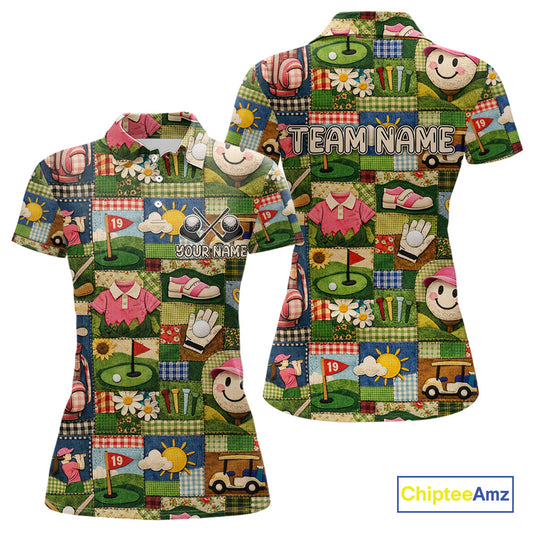 Funny Golf Patchwork Polo Shirt For Women, Personalized Womens Golf Polo Shirt, Vintage Quilt Golf Pattern NHT577