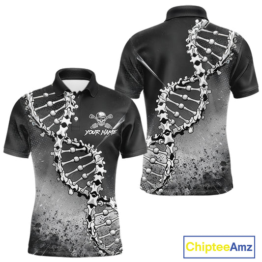 Custom Black Grey Mens Golf Polo Shirt DNA Skull Design, Personalized Name Golf Shirt, Golf Team Shirt NHT793