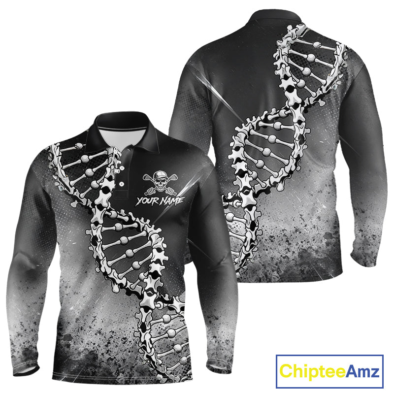 Custom Black Grey Mens Golf Polo Shirt DNA Skull Design, Personalized Name Golf Shirt, Golf Team Shirt NHT793