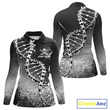 Load image into Gallery viewer, Custom Black Grey Womens Golf Polo Shirt DNA Skull Design, Personalized Name Golf Shirt, Golf Team Shirt NHT793