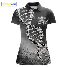 Load image into Gallery viewer, Custom Black Grey Womens Golf Polo Shirt DNA Skull Design, Personalized Name Golf Shirt, Golf Team Shirt NHT793
