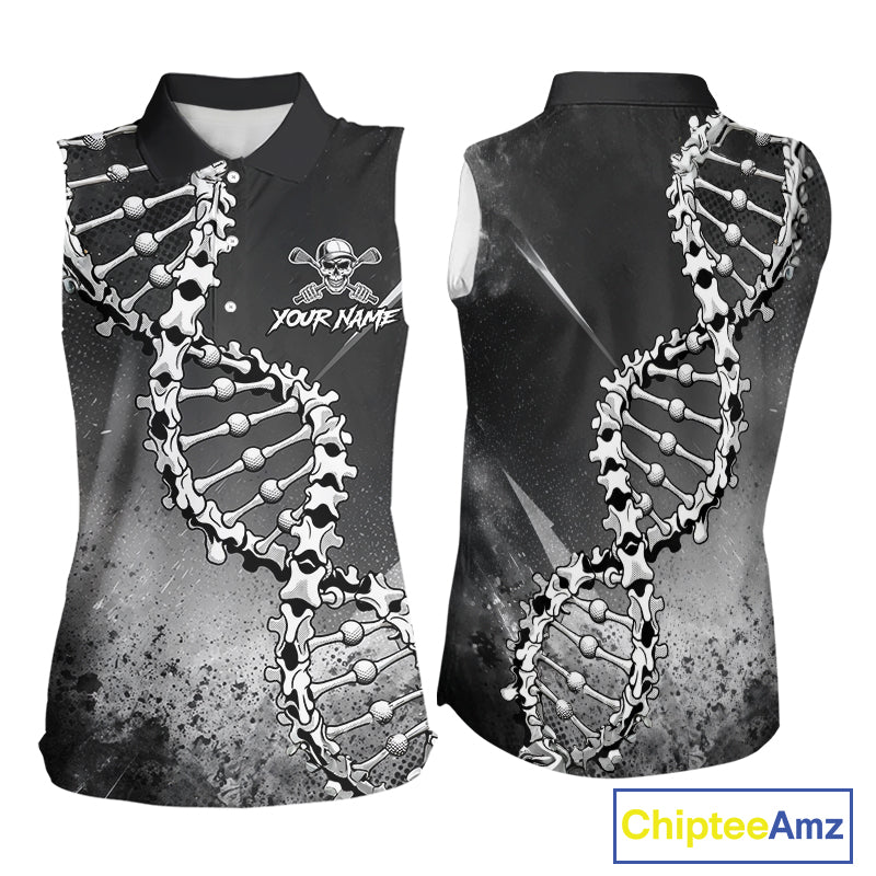 Custom Black Grey Sleeveless Womens Golf Polo Shirt DNA Skull Design, Personalized Name Golf Shirt, Golf Team Shirt NHT793