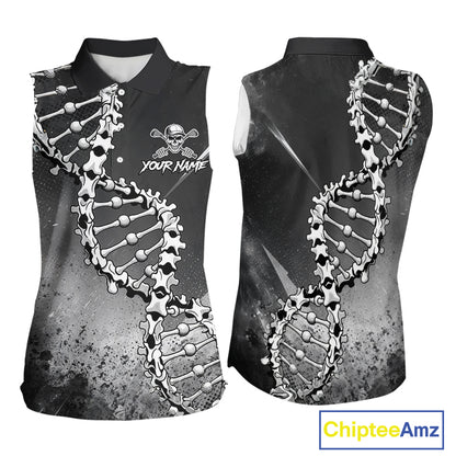 Custom Black Grey Sleeveless Womens Golf Polo Shirt DNA Skull Design, Personalized Name Golf Shirt, Golf Team Shirt NHT793