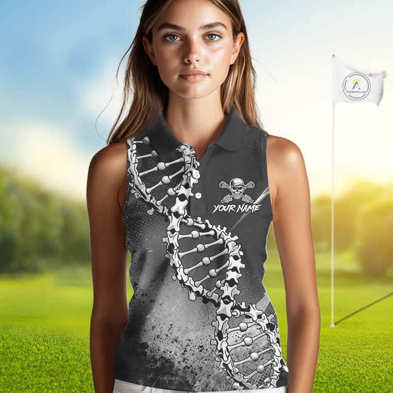 Custom Black Grey Sleeveless Womens Golf Polo Shirt DNA Skull Design, Personalized Name Golf Shirt, Golf Team Shirt NHT793