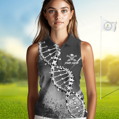 Custom Black Grey Sleeveless Womens Golf Polo Shirt DNA Skull Design, Personalized Name Golf Shirt, Golf Team Shirt NHT793