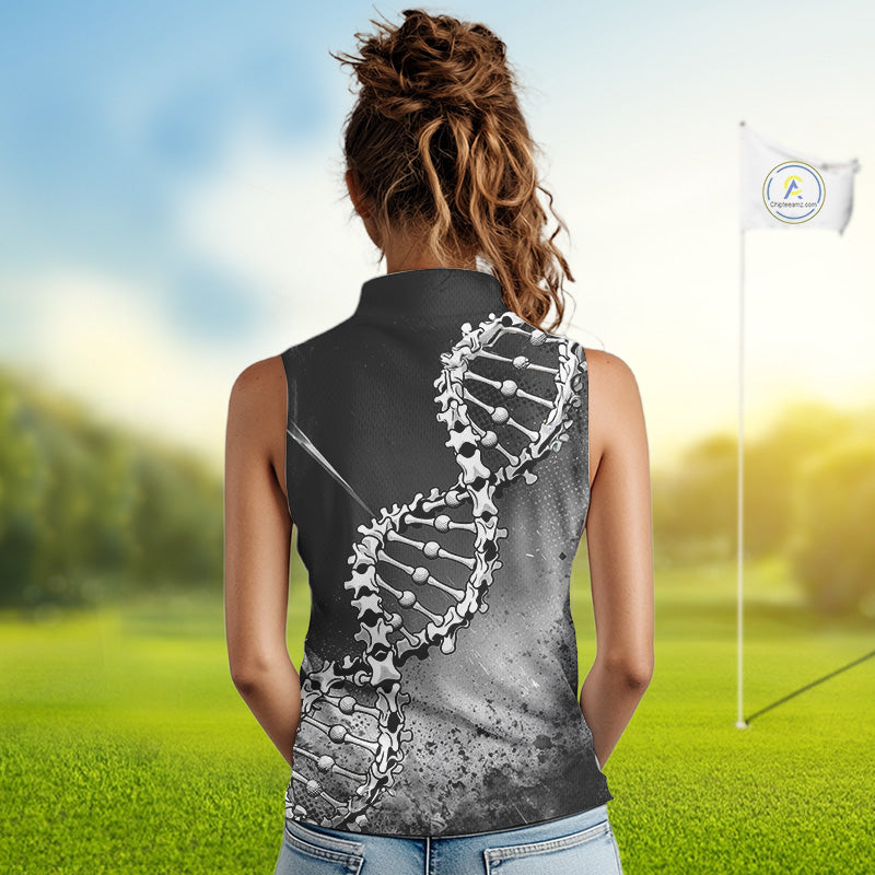 Custom Black Grey Sleeveless Womens Golf Polo Shirt DNA Skull Design, Personalized Name Golf Shirt, Golf Team Shirt NHT793