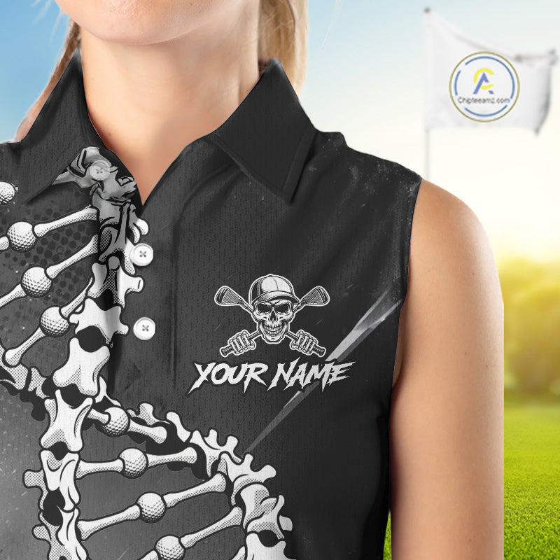 Custom Black Grey Sleeveless Womens Golf Polo Shirt DNA Skull Design, Personalized Name Golf Shirt, Golf Team Shirt NHT793