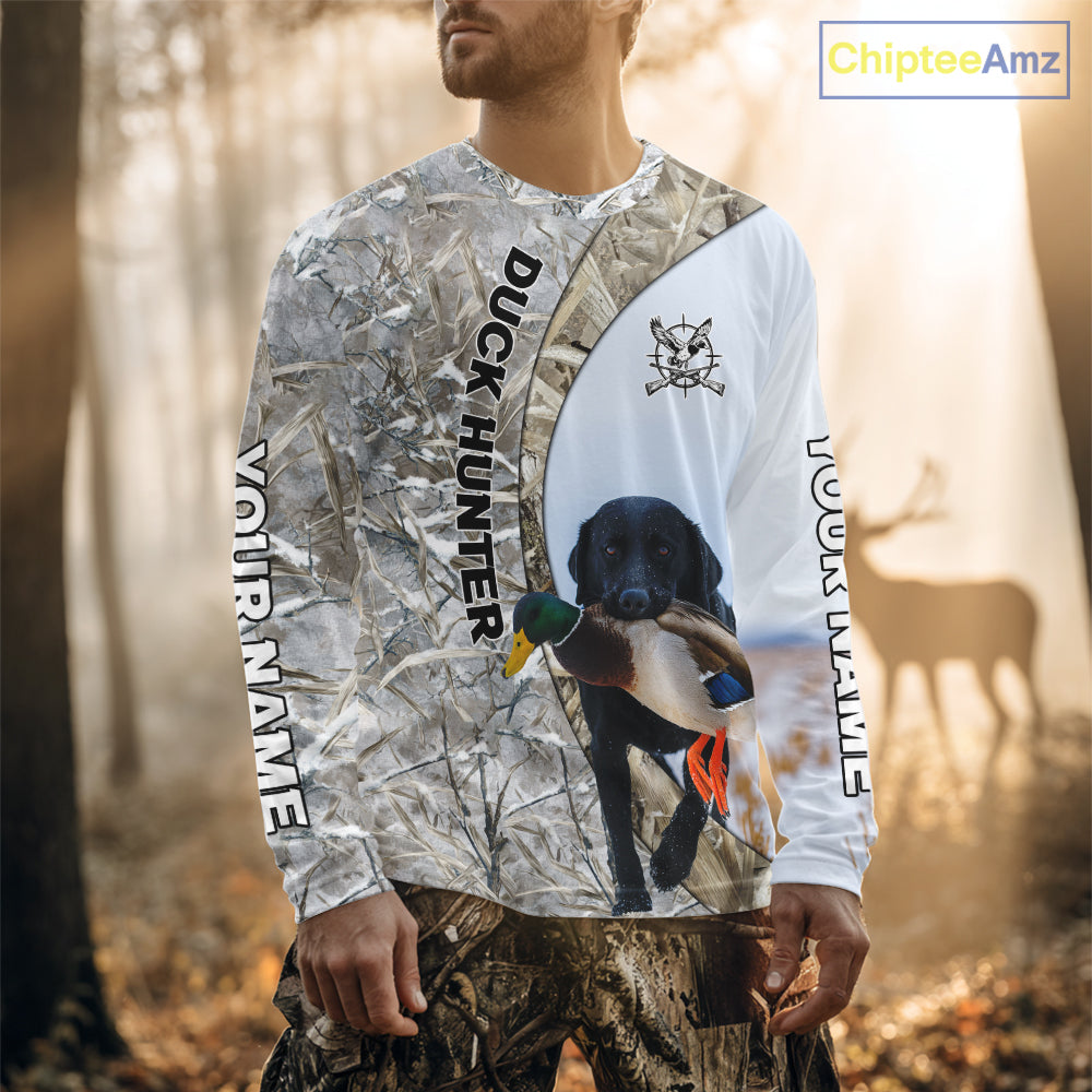 Duck Hunting Winter Camo Black Lab 3D All-Over Printed Shirt, Gift for Waterfowl Hunters NHT250