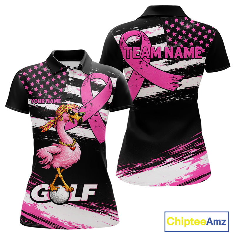 Pink Ribbon American Flag Flamingo Funny Women Golf Polo Shirts Custom Breast Cancer Awareness NHT798