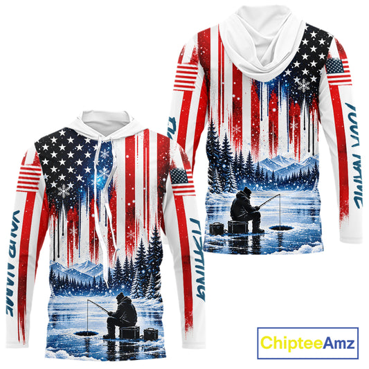 American Flag Ice Fishing Jersey Long Sleeve Shirt, Patriotic USA Winter Hooded Fishing Shirt NHT1755