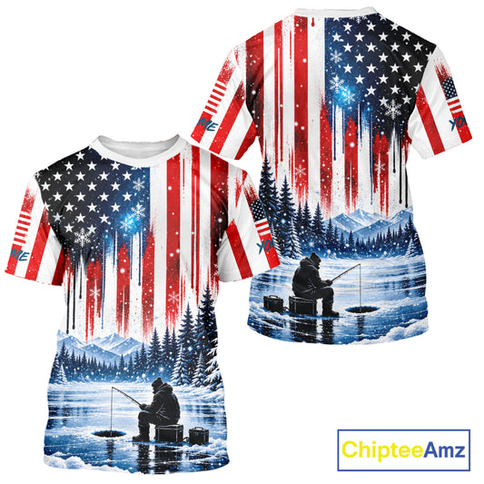 American Flag Ice Fishing Jersey Short Sleeve Shirt, Patriotic USA Winter Fishing Shirt NHT1755