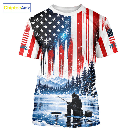 American Flag Ice Fishing Jersey Short Sleeve Shirt, Patriotic USA Winter Fishing Shirt NHT1755
