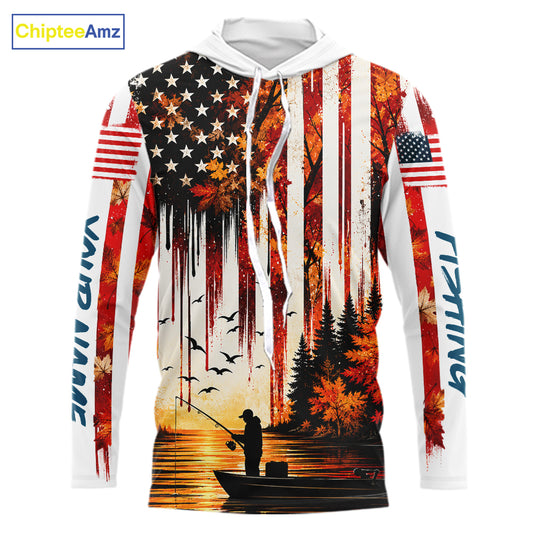 American Flag Autumn Fishing Jersey Long Sleeve Shirt, Patriotic USA Autumn Hooded Fishing Shirt NHT1756