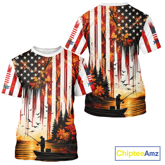 American Flag Autumn Fishing Jersey Short Sleeve Shirt, Patriotic USA Autumn Fishing Shirt NHT1756