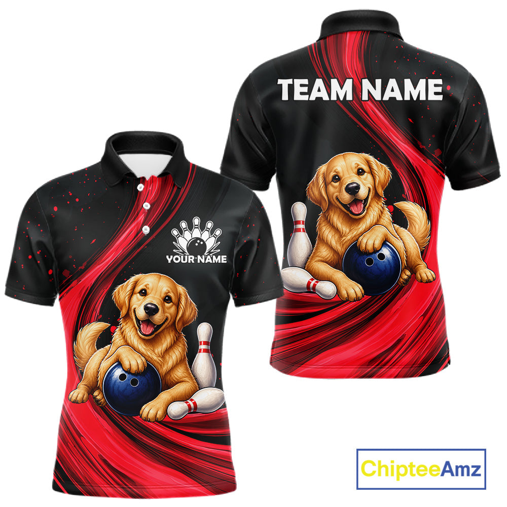 Front and back views of a custom short-sleeve polo shirt featuring a golden retriever puppy holding a bowling ball, set against a red and black swirled background. The front includes a white collar, buttons, and customizable text 'YOUR NAME' and bowling pins.