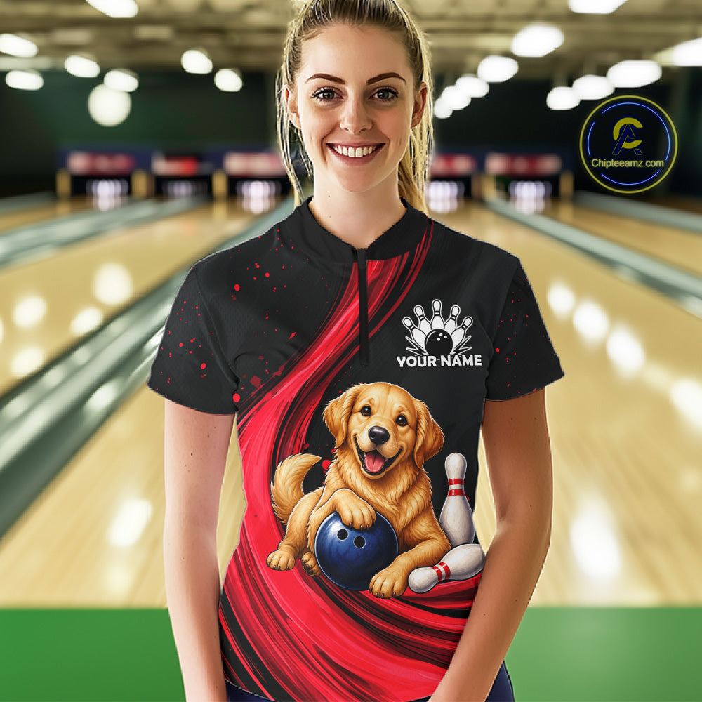 Golden Retriever Bowling Shirt Custom Name Black Red Personalized Team Jersey Gift For Women NHT1271