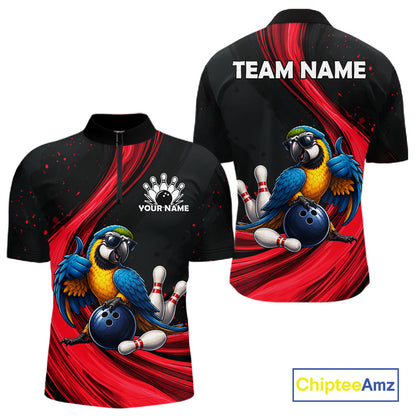 Custom short-sleeve bowling-themed polo shirt shown from front and back on a white background. The shirt is black with bold red graphic swirls and a large parrot illustration holding bowling balls and pins.