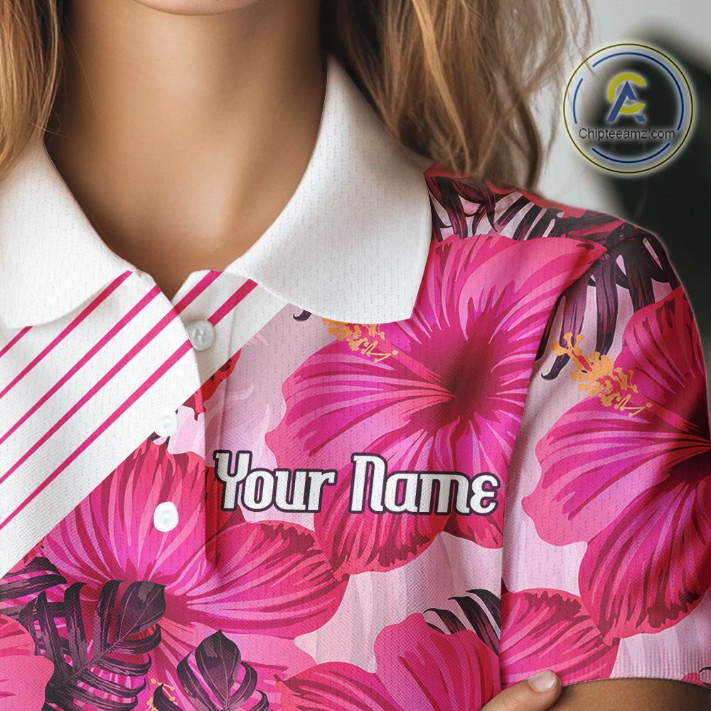 Custom Flamingo Funny Womens Golf Polo Shirt – Personalized Tropical Flower Design NHT595
