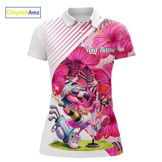 Custom Flamingo Funny Womens Golf Polo Shirt – Personalized Tropical Flower Design NHT595