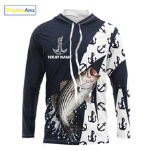 Load image into Gallery viewer, Personalized Striped Bass Hooded  Fishing Shirts Long Sleeve With Pattern Anchor, Fishing Shirt Jersey NHT611