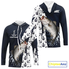 Load image into Gallery viewer, Personalized Striped Bass Hooded  Fishing Shirts Long Sleeve With Pattern Anchor, Fishing Shirt Jersey NHT611