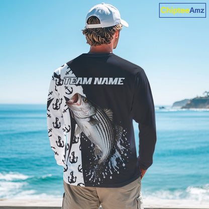 Personalized Striped Bass Fishing Shirts Long Sleeve With Pattern Anchor, Fishing Shirt Jersey NHT611