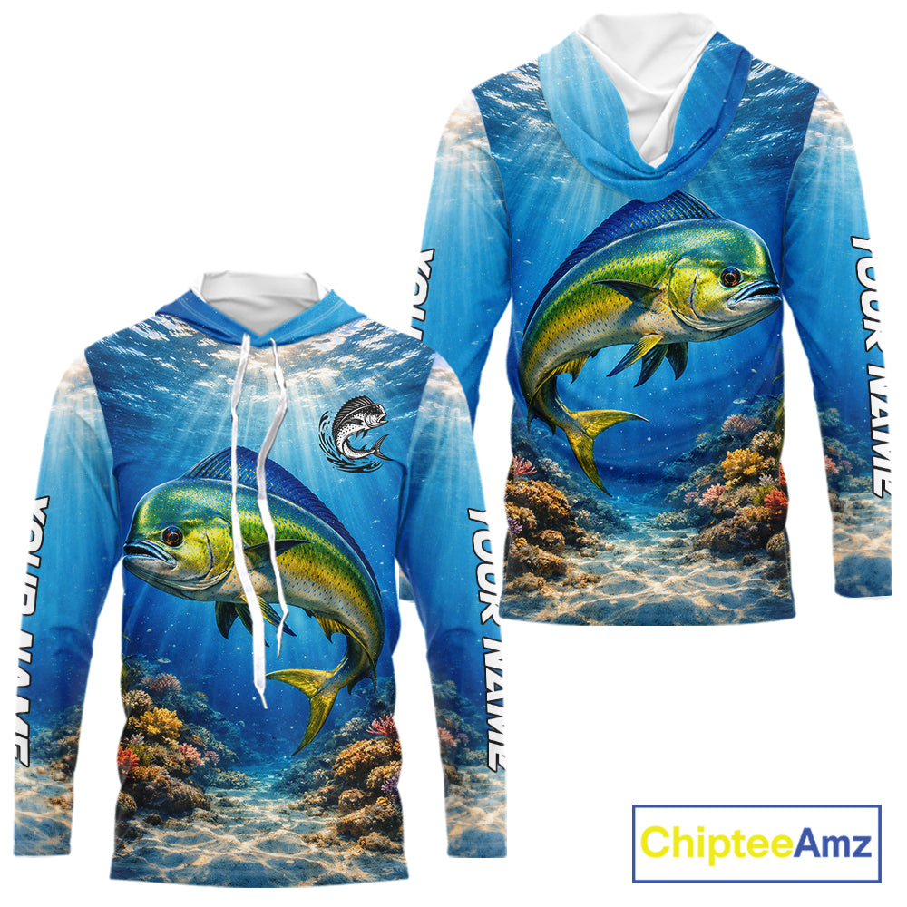 Personalized Offshore Fishing Jerseys, Mahi Mahi Fishing Shirts Long Sleeve Hooded For Men NHT820