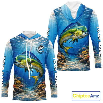 Personalized Offshore Fishing Jerseys, Mahi Mahi Fishing Shirts Long Sleeve Hooded For Men NHT820