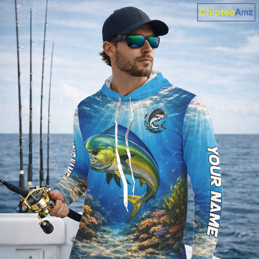 Personalized Offshore Fishing Jerseys, Mahi Mahi Fishing Shirts Long Sleeve Hooded For Men NHT820