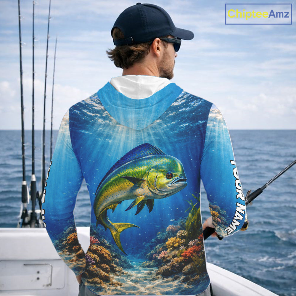Personalized Offshore Fishing Jerseys, Mahi Mahi Fishing Shirts Long Sleeve Hooded For Men NHT820