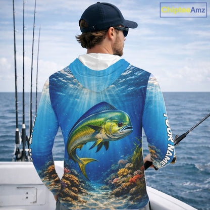 Personalized Offshore Fishing Jerseys, Mahi Mahi Fishing Shirts Long Sleeve Hooded For Men NHT820