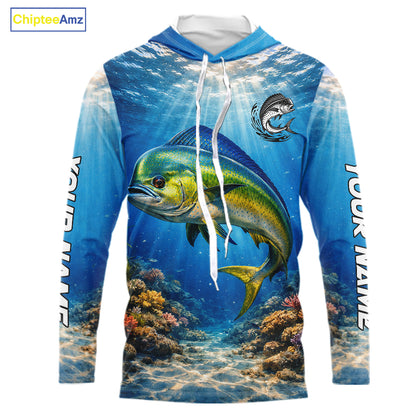Personalized Offshore Fishing Jerseys, Mahi Mahi Fishing Shirts Long Sleeve Hooded For Men NHT820