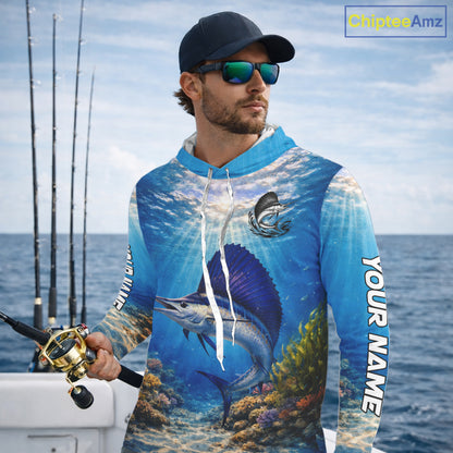 Personalized Offshore Fishing Jerseys, Sailfish Fishing Shirts Long Sleeve Hooded For Men NHT821