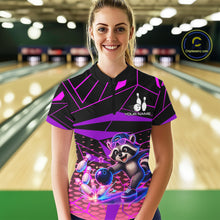 Load image into Gallery viewer, Person wearing a colorful bowling shirt with a raccoon design in a bowling alley.