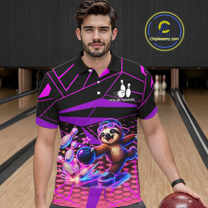 Man wearing a colorful bowling shirt with a sloth design in a bowling alley.