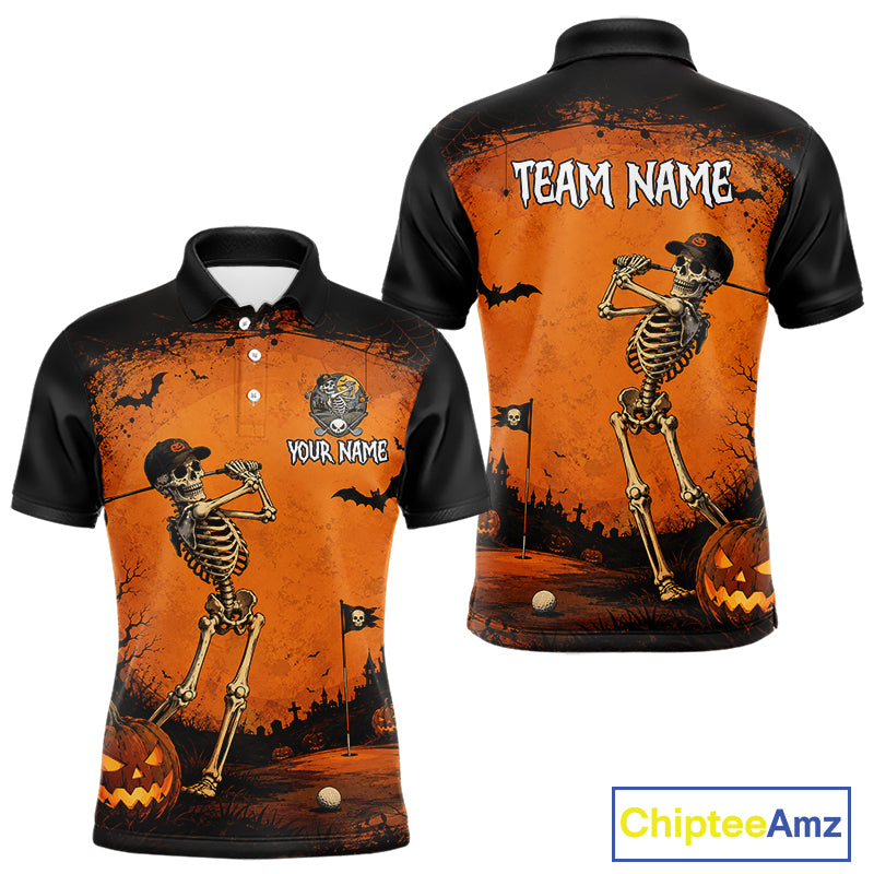 Halloween Men Golf Polo Shirt – Skeleton Golfer Pumpkin Custom Name Golf Shirt, Golf Gifts NHT1422