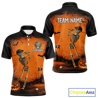 Halloween Men Golf Polo Shirt – Skeleton Golfer Pumpkin Custom Name Golf Shirt, Golf Gifts NHT1422