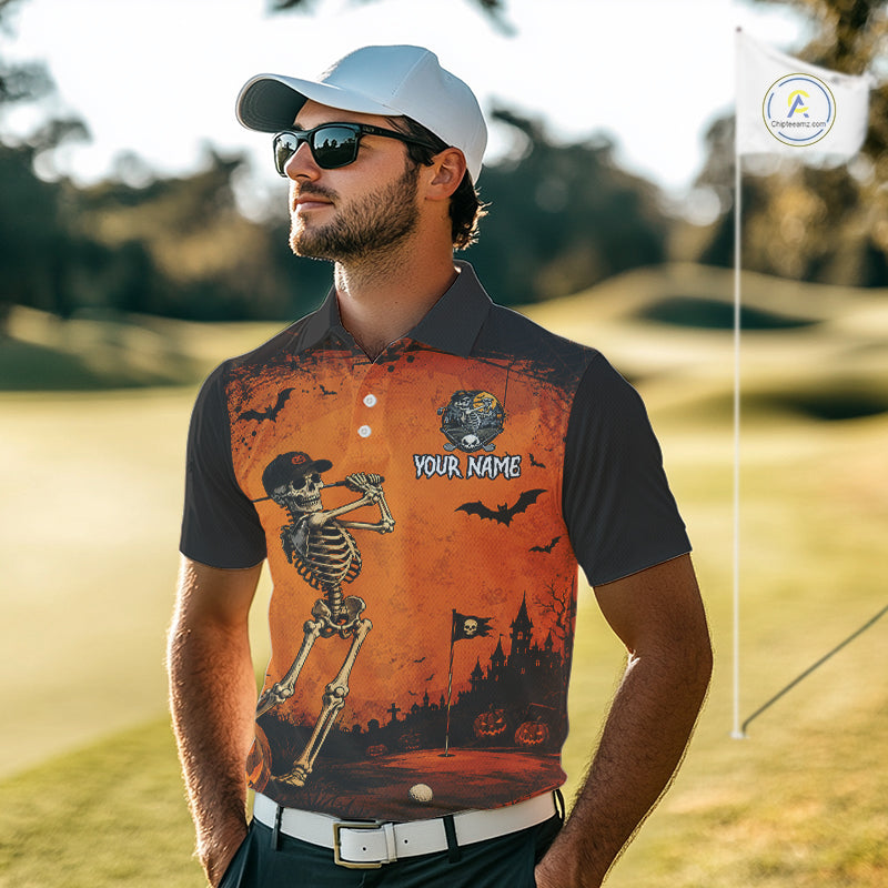 Halloween Men Golf Polo Shirt – Skeleton Golfer Pumpkin Custom Name Golf Shirt, Golf Gifts NHT1422