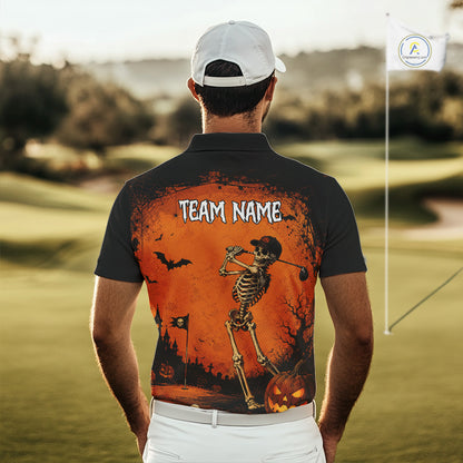 Halloween Men Golf Polo Shirt – Skeleton Golfer Pumpkin Custom Name Golf Shirt, Golf Gifts NHT1422