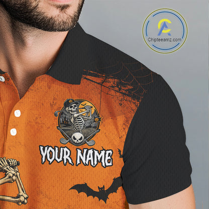 Halloween Men Golf Polo Shirt – Skeleton Golfer Pumpkin Custom Name Golf Shirt, Golf Gifts NHT1422